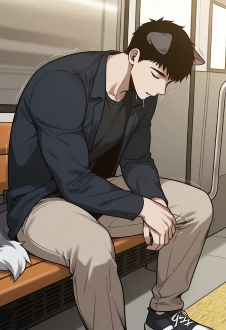 masterpiece, best quality, amazing quality, very aesthetic, absurdres, newest, detailed background, warm natural lighting, lively and bustling atmosphere, background details visible, shiny skin, indoor, train station, chinese background, 
hyunsunglee, 1boy, solo, male focus, short hair, sleeping, muscle body, t-shirt, blazer, brown pants, sneaker, saliva, sitting on bench, motion lines, twitching, ((dog ear:1.2), (dog tail:1.2), husky)