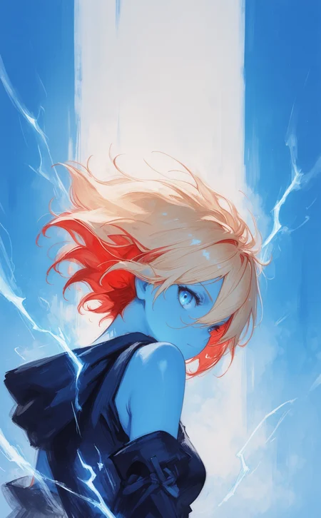 masterpiece, best quality, amazing quality, 1girl, solo, breasts, looking at viewer, short hair, blue eyes, blonde hair, hair between eyes, upper body, multicolored hair, red hair, detached sleeves, looking back, hood, two-tone hair, hoodie, floating hair, hood down, wind, electricity, hooded dress, traditional media, monochrome, painting \(medium\), watercolor \(medium\), graphite \(medium\),
blue theme, fuyumur4s4ki_illu <lora:ppw_v7_noobEv1.1:0.8> <lora:fuyumur4s4ki_style:0.7>
