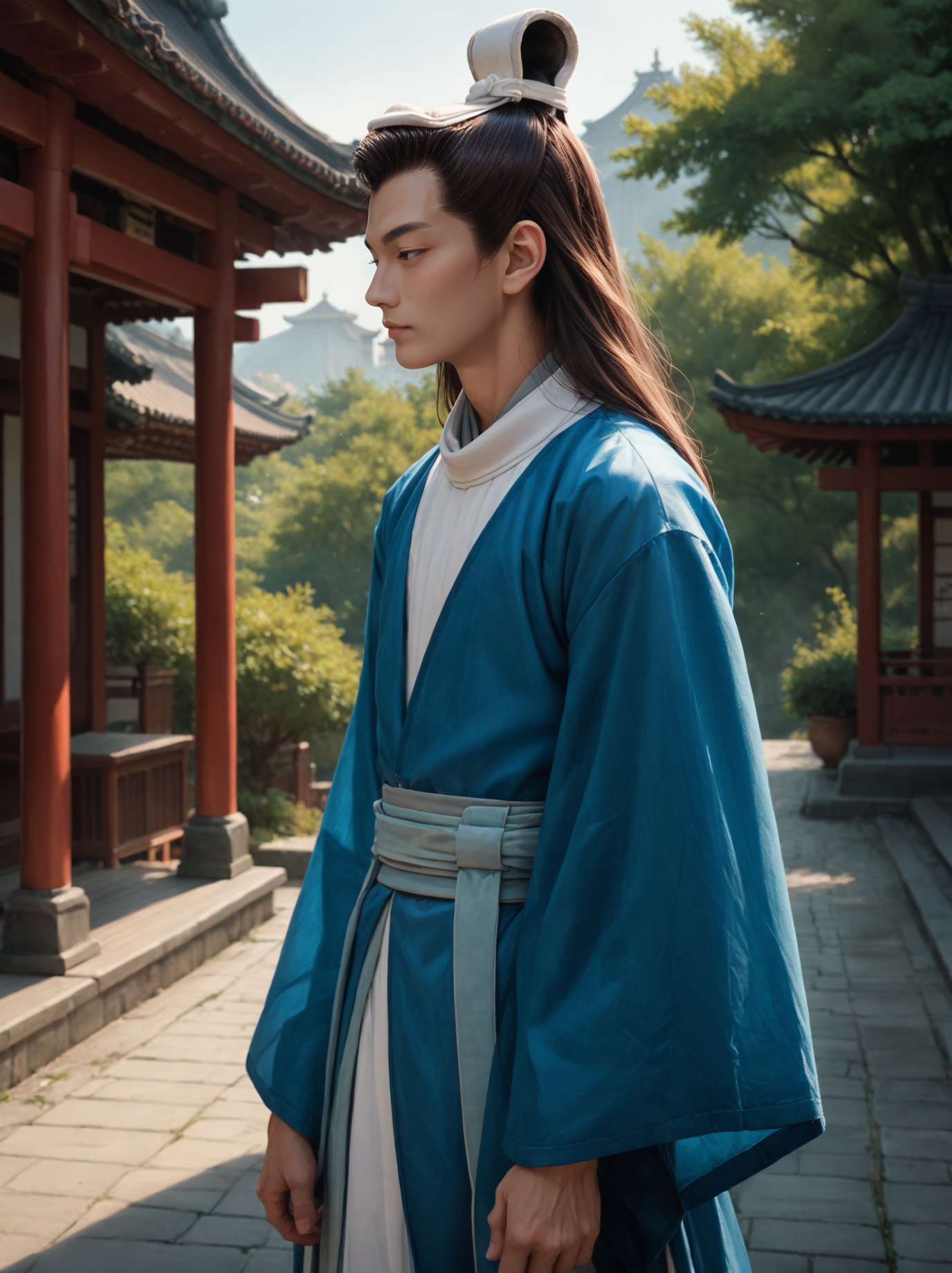 score_9, score_8_up, score_7_up, 1boy, outdoors, from side, profile, east asian architecture, wide sleeves, long sleeves, blue hanfu, toned, long hair, brown hair, standing, yulexuanb,  single bun, bun cover, detailed realistic photo,  <lora:yulexuanbluesdxlponyv1:0.75>
