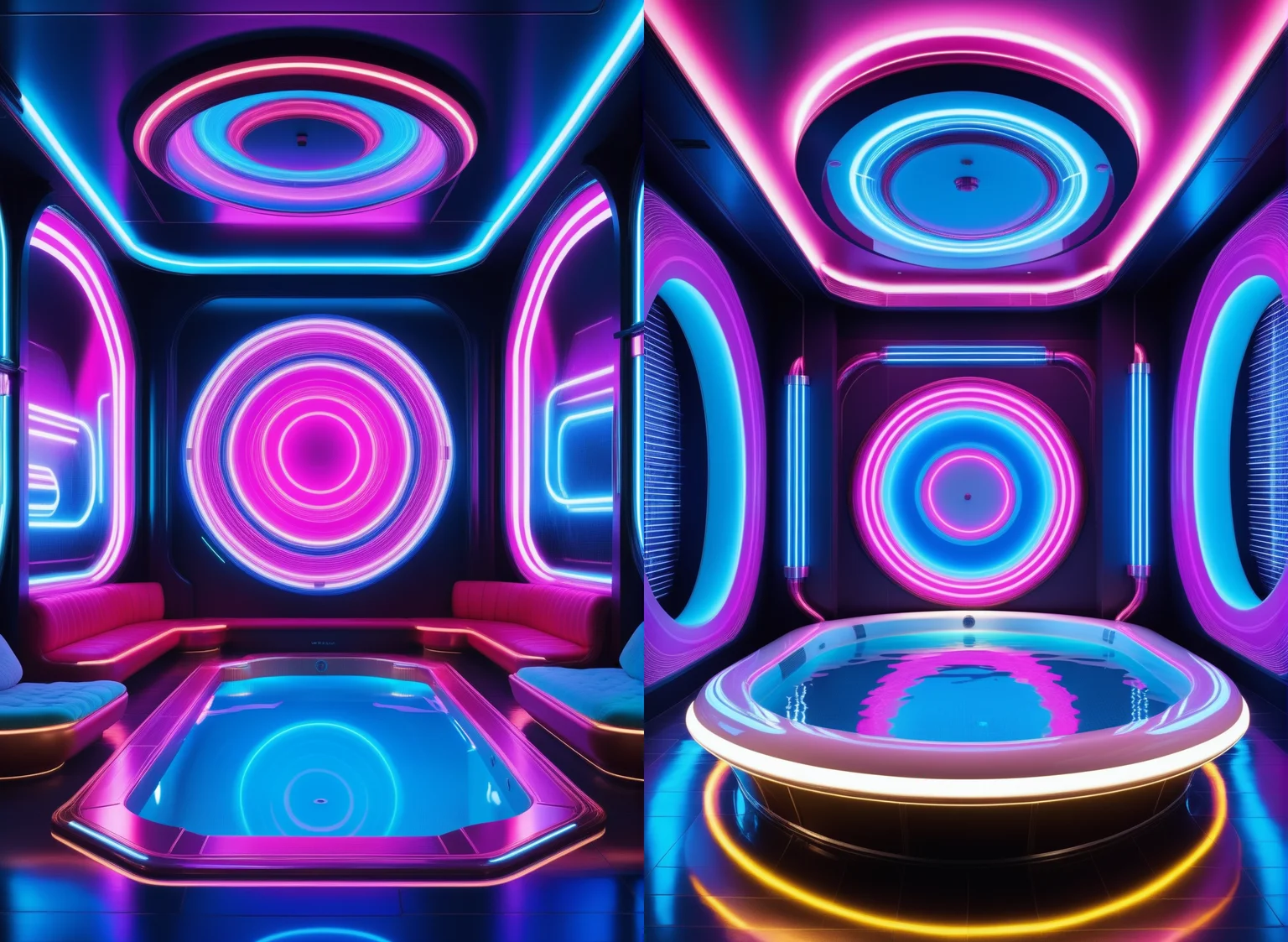 masterpiece, high quality,, a reij pool room, neon color and ambient neon light <lora:reij-neonelegance:0.7>