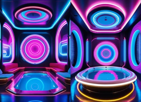masterpiece, high quality,, a reij pool room, neon color and ambient neon light <lora:reij-neonelegance:0.7>