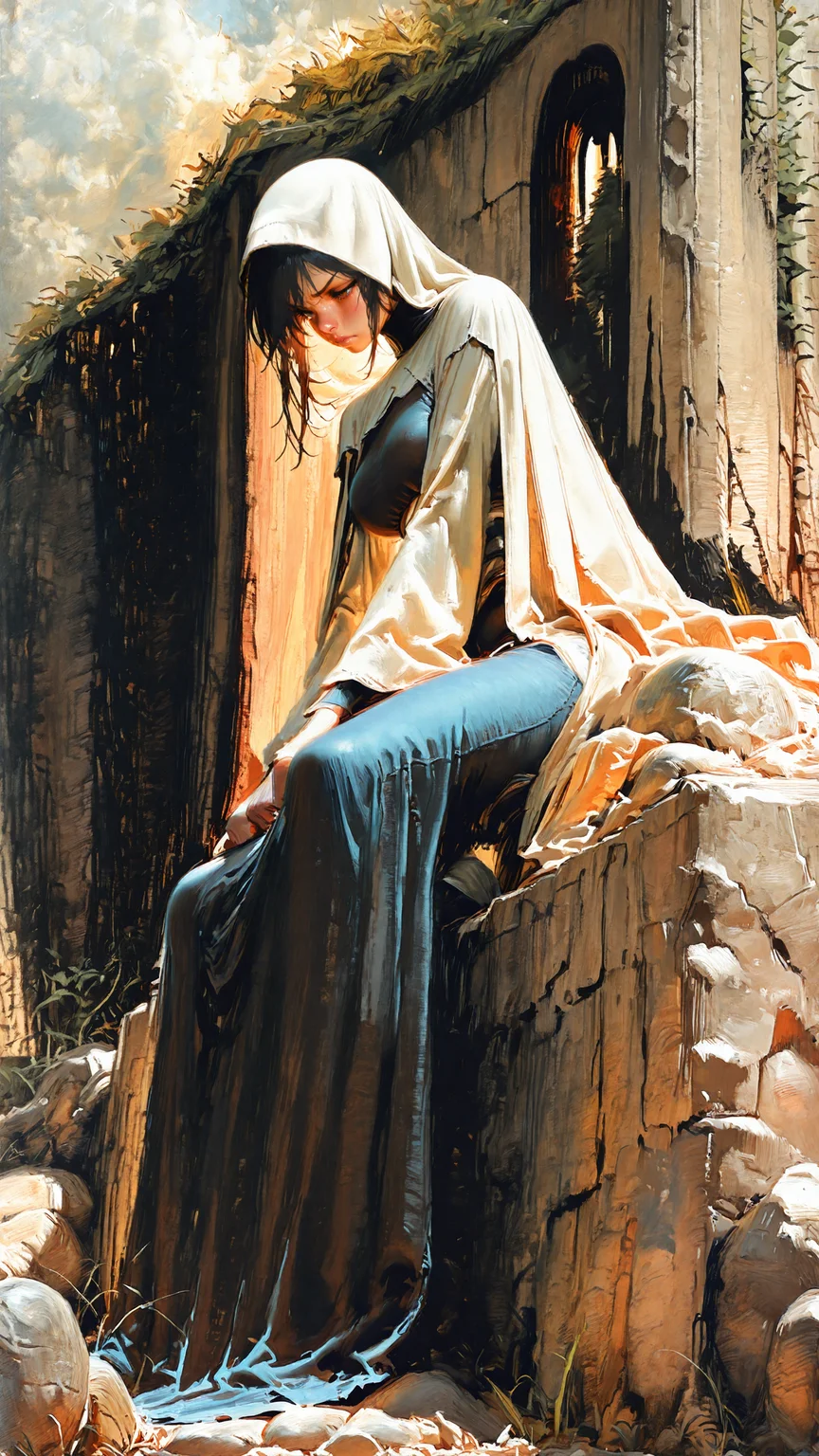 masterpiece, newest,absurdres,incredibly absurdres, best quality, amazing quality, very aesthetic, painterly, traditional art, 
1girl,determined, sitting on stone, hunter, coif,
 <lora:Face_Enhancer_Illustrious:1> <lora:Hunternif16:1> <lora:HyperdetailedIllustrationIll:1>