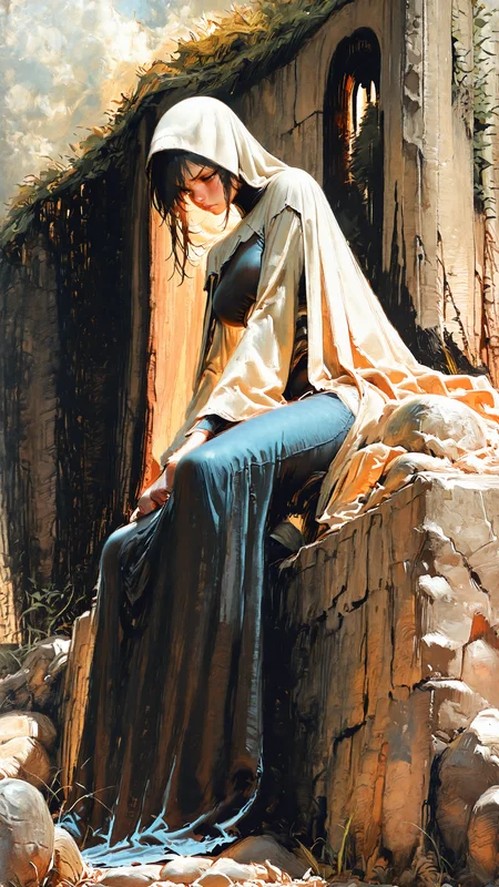 masterpiece, newest,absurdres,incredibly absurdres, best quality, amazing quality, very aesthetic, painterly, traditional art,
1girl,determined, sitting on stone, hunter, coif,
<lora:Face_Enhancer_Illustrious:1> <lora:Hunternif16:1> <lora:HyperdetailedIllustrationIll:1>