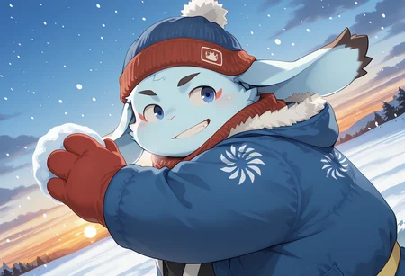 amazing quality, colorful, best quality, high quality, dynamic pose, dynamic angle,, high angle, looking away, attack, sunset, fighting stance,
<lora:inaba-v5-000010:0.9> t-inaba, BREAK anthro rabbit, rabbit boy, 1boy, young, furry, (aged_up:0.5), winter_clothes, pom_pom_beanie, black_yukata, red_scarf, red_mittens, blue winter_jacket, yellow sash, perspective, upper body, snowing, snowball_fight, smile, teeth, parted lips, two-tone hat, red hat, blue hat, holding snowball