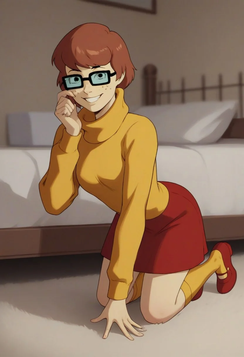 score_9_up, score_8_up, score_7_up, score_6_up, short hair, brown hair, square rim glasses, brown freckles, slim waist, turtleneck sweater, yellow turtleneck, baggy turtleneck, red skirt, yellow knee socks, red mary jane shoes, smiling, looking at viewer, bedroom, crawling towards viewer, on all fours, seductive, teasing, flirting, smile, grin,
