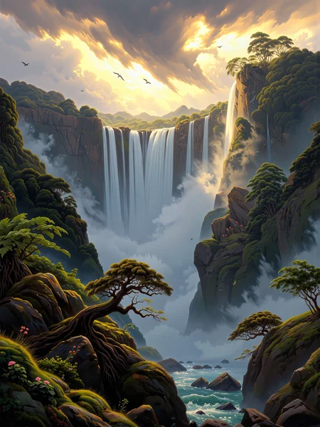 famous artwork, masterful use of light and shadow, masterful composition following the rule of thirds, chiaroscuro, dappled sunlight, romanticism oil painting of the awe-inspiring iguazu falls in the style of caspar david friedrich, an immense cascade of water thundering down into the mist-shrouded depths below, a breathtaking vision of unrestrained natural power, the composition is grand and dramatic, capturing the sheer scale of the falls as they carve through the lush, untamed rainforest, towering cliffs covered in verdant foliage frame the scene, their rugged, weathered surfaces bathed in soft golden light, the turbulent waters crash against the jagged rocks below, sending plumes of mist rising into the air, where they catch the sunlight in dazzling, prismatic hues, the background features a vast, cloud-filled sky, a mixture of warm and cool tones as the light of the late afternoon sun filters through billowing storm clouds, shafts of sunlight break through, illuminating pockets of the dense jungle and highlighting the intricate textures of the cascading water, the rainforest is rich and vibrant, filled with dense vegetation, massive ferns, and ancient trees stretching toward the sky, the foliage is painted with masterful, expressive brushstrokes, evoking the untamed spirit of the wilderness, in the foreground, a twisted tree with gnarled roots clings to the rocky precipice, its dark silhouette standing against the brilliance of the falls, the river below swirls with movement, its deep emerald and turquoise waters reflecting the ever-changing sky, small details like birds soaring through the mist and delicate wildflowers growing between the rocks add life and realism to the composition, evoking a sense of awe and wonder, painted with rich, dynamic brushwork, the textures of water, stone, and foliage blend seamlessly, every detail capturing the grandeur and emotional intensity of the scene, deep, dramatic contrasts between light and shadow heighten the sense of depth and scale, conveying both the beauty and raw power of iguazu falls in a truly sublime and timeless artistic vision, a masterful work of romanticism that immerses the viewer in natureâs overwhelming majesty, ovg, style of clyde caldwell, aidmamj6.1, <lora:midjourney_61-v0.5-flux-by_aidma:0.8> <lora:style-caspar_david_friedrich-flux-by_tiberiana:0.88> <lora:style-clyde_caldwell-flux-by_tangbohu:0.16>