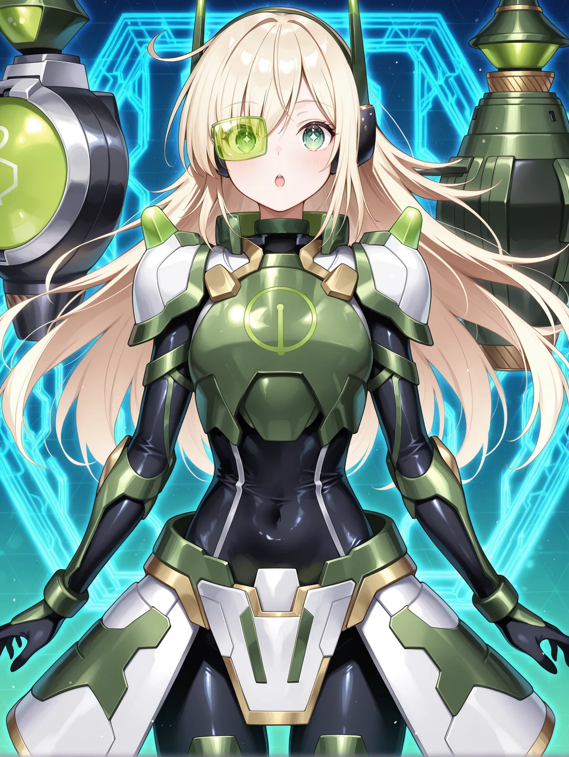 green power armor,sky striker ace - hayate,mecha musume,official alternate costume,solo,green headgear,black bodysuit,green armored gloves,green breastplate,green tinted eyewear,green mechanical backpack,one eye covered,1girl,open mouth,blue honeycomb \(pattern\),:o,facing viewer,
masterpiece,best quality,amazing quality,very aesthetic,absurdres,newest,<lora:Sky striker ace - Raye illusXL v1:0.85>,
