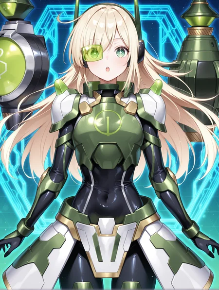 green power armor,sky striker ace - hayate,mecha musume,official alternate costume,solo,green headgear,black bodysuit,green armored gloves,green breastplate,green tinted eyewear,green mechanical backpack,one eye covered,1girl,open mouth,blue honeycomb \(pattern\),:o,facing viewer,
masterpiece,best quality,amazing quality,very aesthetic,absurdres,newest,<lora:Sky striker ace - Raye illusXL v1:0.85>,