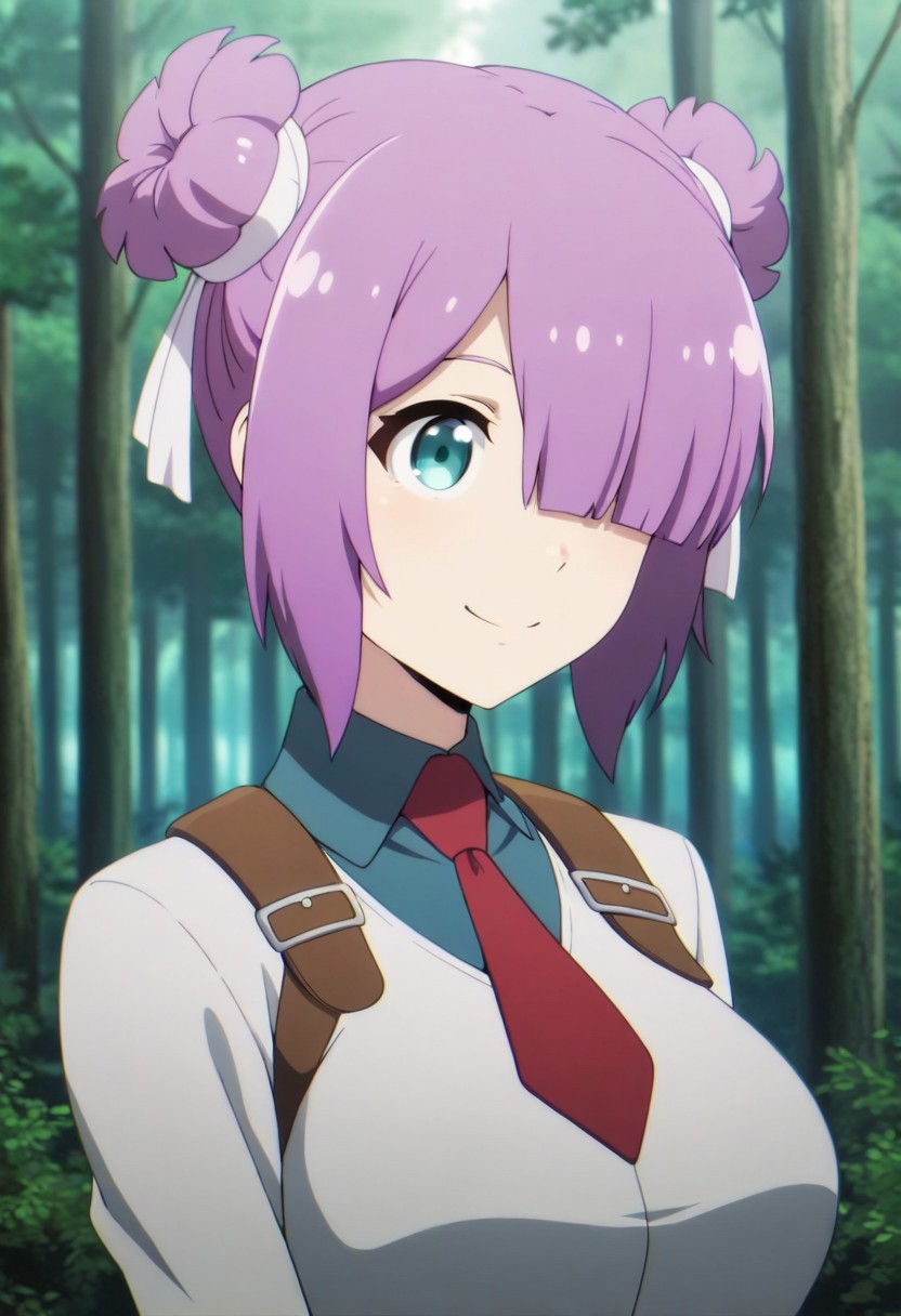 masterpiece,best quality,amazing quality, laura satii, purple hair, turquoise eyes, short hair, 1girl, solo, red necktie, hair over one eye, necktie, smile, hair bun, double bun, forest, outdoors, closed mouth, nature, shirt