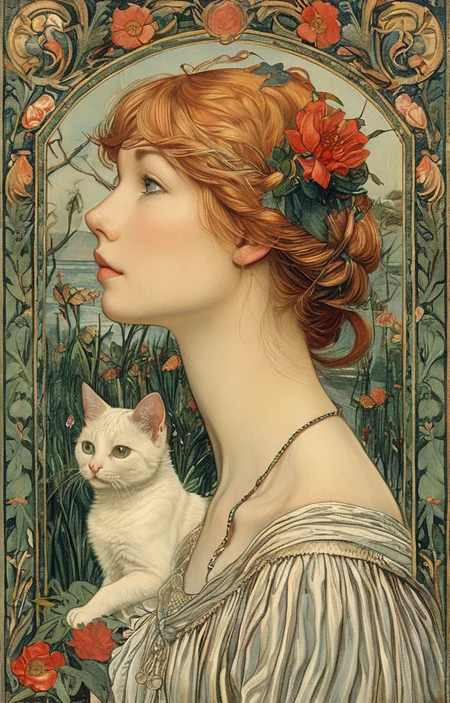 masterpiece,best quality,<lora:tbh132-sdxl:0.8>,portrait of cat,illustration,style of Walter Crane,
