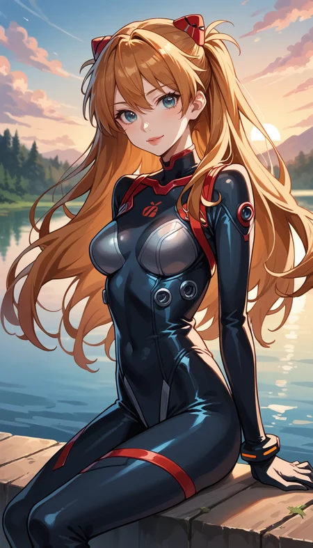 score_9, score_8_up, score_7_up, Anime Style, Cowboy Shot, Asuka Langley Soryu, cute, seductive, innocent, light smile:0.3, plump lips, slender body, long hair, floating hair, red plugsuit, sitting, sunset, lake background, depth of field, dynamic angle, fashion photography, sharp, hyperdetailed:1.15
