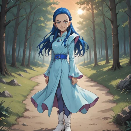score_9, score_8, BREAK, solo, Kiryuu_Kaoru_(Pretty_Cure), 1girl, blue hair, long hair, forehead, blue eyes, eyelashes, blue earings, jewelry, light blue dress, long sleeves, juliet sleeves, brooch, blue belt, blue pantyhose, white boots, white footwear, self portrait, smile, looking at viewer, outdoors, sunlight, shadows, evening lighting, natural lighting, forest, trees, grass, orange sky, sunset