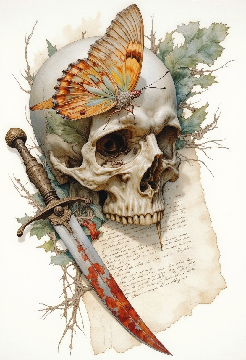 score_9, score_8_up, score_7_up, 8k high quality digital painting, masterpiece, very detailed, ultra realistic, (best quality) very detailed epic masterpiece, we see a skull on which a colorful butterfly sits, next to it lies a handwritten letter and a blood-stained dagger, watercolor, water colors, the edges blend into the white of the paper, realistic, realism, full body