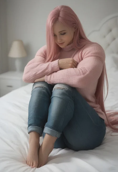 <lora:Mustonk-PonyXL-1024px:0.9>
score_5_up, 
 1girl, muscular female, veins, pink hair, absurdly long hair, solo, huge breasts,huge nipples, long hair, hair over one eye, parted lips, realistic, ultra realistic, 
pink oversized sweater, denim pants, sitting on bed, shy, knees up, hugging own legs. shy smile, closed mouth, bedroom,