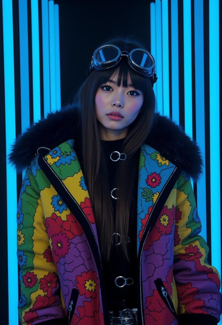 <lora:vintage-activision-flux1-dev-v1-000082.safetensors:1> with a colorful trail tie-dye with vibrant colors crackles with intensity, while black provide a dark contrast. The overall aesthetic is one of calculated reckoning,
An Asian woman with fair skin and striking brown eyes poses before a backdrop of blue-toned neon lights, evoking a cyberpunk atmosphere. She wears a luxurious, fur-trimmed coat adorned with intricate floral embroidery and round goggles, blending avant-garde and modern streetwear styles in a visually arresting fashion statement.