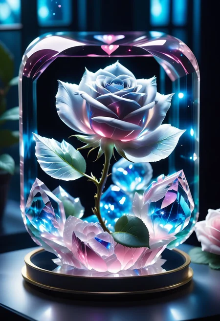 (((videogame_style))), lineart:1.2, (sharp focus:1.2), lineart, flat color, monochrome, greyscale, ((1 blue rose)), (moody lightning:1.2), soft grey light, depth of field, bokeh, 8k, OLED, beautiful blue rose Illuminated by the ethereal glow of studio lightning, the light is reflecting shadows on multicoloured auraquartz, the light reflection sparcles around it, the harmonic play of light and shadow underlines the natural beauty of the blue roses,, (the petals are velvety and silky curved:1.2), (high contrast to catch the play of light and shadows),, one blue rose:(For the viewer, the flower appears alive, as if a glimpse of her inner sparkle is possible),,simple light grey background, by night, peacful and grateful atmosphere, painted hearts, magical atmosphere, (flying pink dahlia inside a transparent crystal cube) on a dessert table in front of a bright window, the moonlight casts a beam of light onto the flower and seems to melt your ice cube in which the flower is located, water mist emanates from the cube, award winning art, deserted space, landscape, detail colour is blue, magical atmosphere, fairytale like