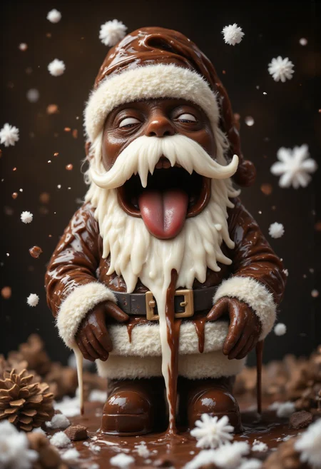 A melting happy Santa Claus figure made of chocolat. dripping chocolat flowing down in a puddle of molten chocolat, floating snow