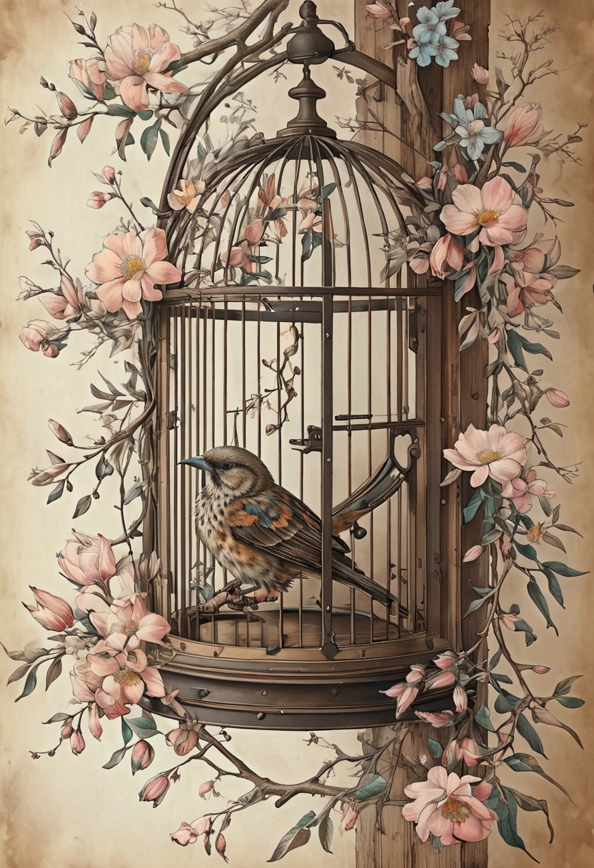light pastell tones, very aged dark brown paper, inkpunk, Botanical illustration, 1bird sitting in a birdcage, door open, multicolored flowers, branches, fine lines, will-o'-the-wipe light, overall detail, extremely detailed,awardwinning, masterpiece