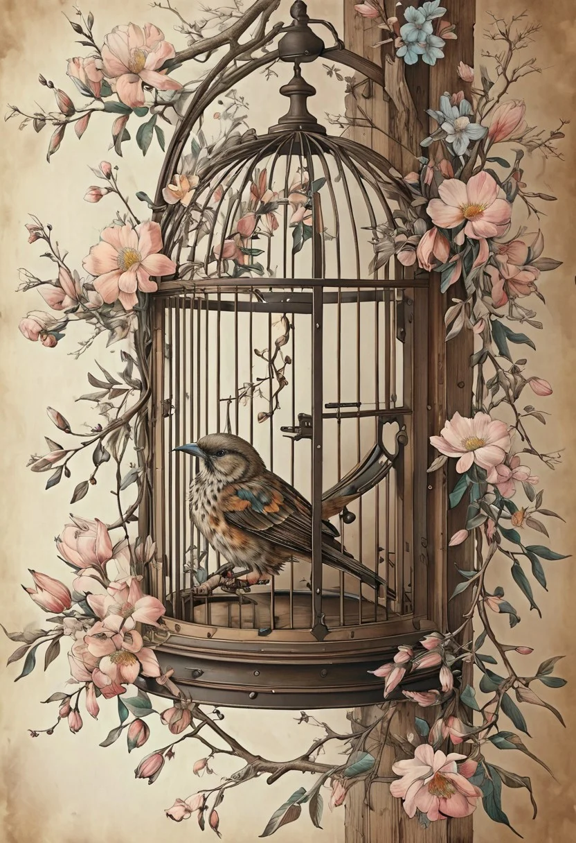 light pastell tones, very aged dark brown paper, inkpunk, Botanical illustration, 1bird sitting in a birdcage, door open, multicolored flowers, branches, fine lines, will-o'-the-wipe light, overall detail, extremely detailed,awardwinning, masterpiece