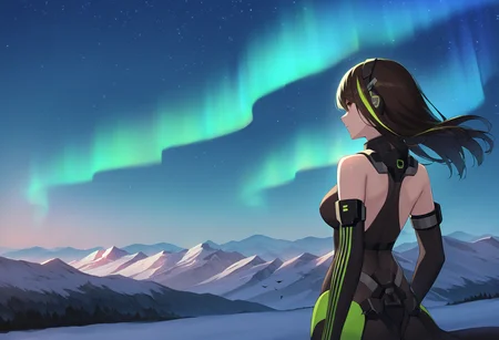 masterpiece, best quality, <lora:age_slider_v4:4>,detailed_background,outdoors,bare shoulders,sky,solo,bug,aurora,streaked hair,m4a1 \(girls&