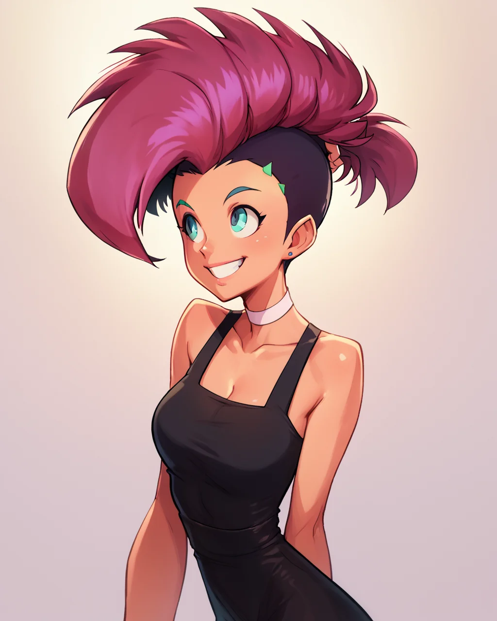score_9, score_8_up, score_7_up, zPDXL, Jabstyle, moika, 1girl,undercut,white choker,mohawk,dyed bangs, black dress, smiling <lora:Moika_PDXL:1> <lora:Jabstyle_AMXLV1:1>