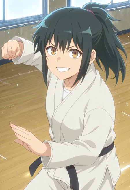1girl, solo, masterpiece, best quality, newest, absurdres, CG, anime, source anime, illustration,  nyalia 
BREAK 1girl, solo, Orihara_LW, black hair, ponytail, brown eyes, sidelocks
dougi
dynamic pose, standing, posing, fighting stance, judo, ready to attack viewer, grin
indoors, japanese dojo, day
cinematic angle, alternate angles, alternate detailed background, beautiful background, (rays light:1.0),(grow:1.0), light particles
