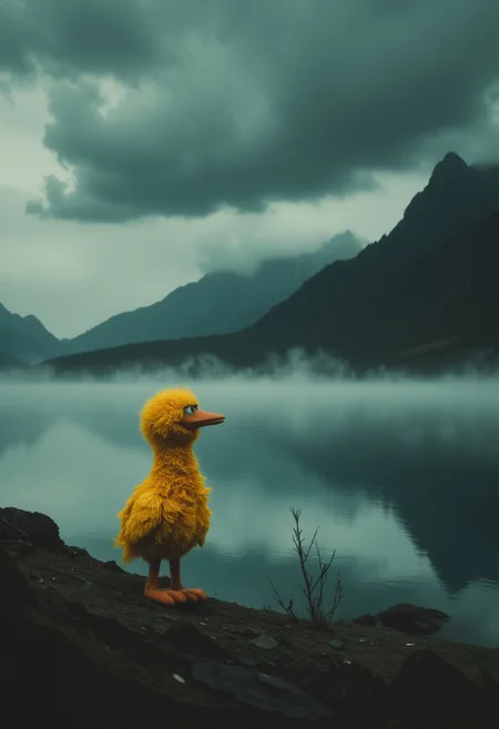 The image is a melancholic photograph of a misty landscape, where the sky is shrouded in dark, brooding clouds that cast a heavy atmosphere over the scene. A large, still body of water stretches across the foreground, reflecting the dull greys of the overcast sky, while distant mountains fade into the mist, their jagged peaks barely visible. On the left side of the image stands a large yellow bird puppet, but its once cheerful, fluffy appearance contrasts sharply with its current mood. The puppet gazes blankly into the distance, its vibrant yellow feathers now dim under the oppressive clouds. Its beak is slightly open, as if lost in a moment of existential questioning, wondering about the meaning of its very existence in this desolate, bleak world. The dark clouds swirl above as if they too are burdened by the weight of uncertainty, adding a sense of impending dread to the scene.