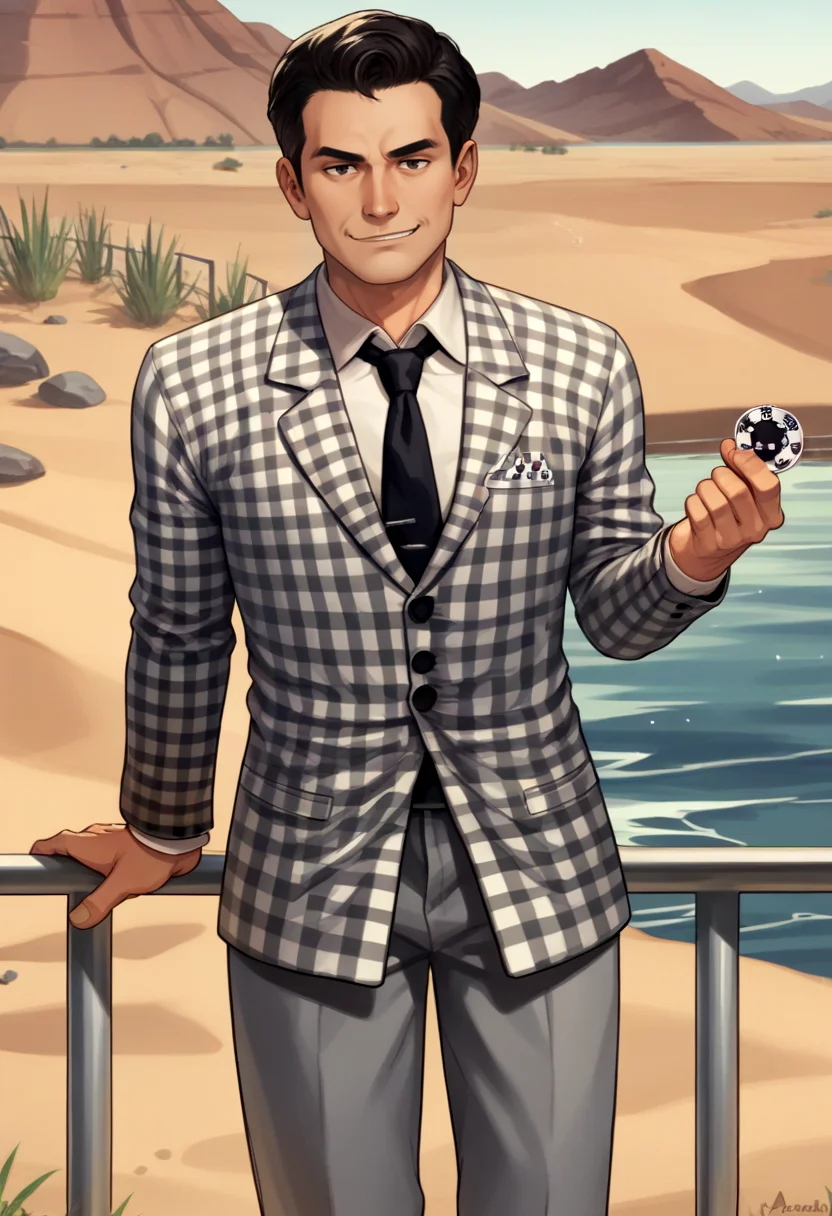 score_9, score_8_up, score_7_up, source_anime BREAK 1boy, solo, male focus, <lora:benny-fnv-richy-v1_pdxl:0.8> benny, black hair, short hair, checkered suit, black necktie, grey pants, outside, hoover dam, lake mead, railing, desert, rock, sand, leaning back, smirk, looking at viewer, colorado river, holding poker chip, hand up