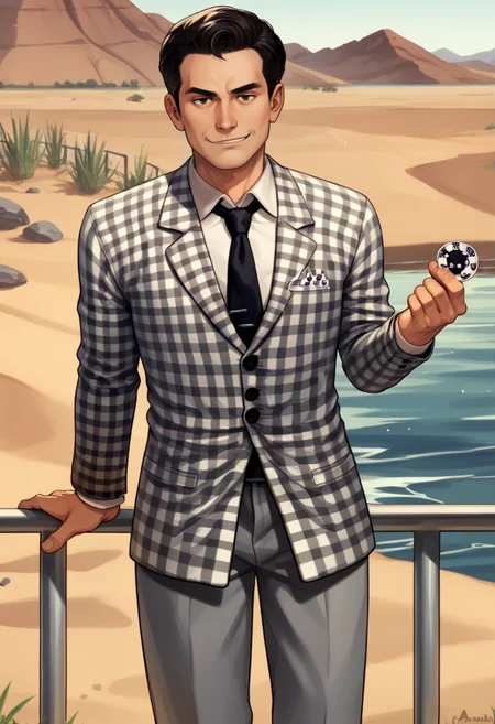 score_9, score_8_up, score_7_up, source_anime BREAK 1boy, solo, male focus, <lora:benny-fnv-richy-v1_pdxl:0.8> benny, black hair, short hair, checkered suit, black necktie, grey pants, outside, hoover dam, lake mead, railing, desert, rock, sand, leaning back, smirk, looking at viewer, colorado river, holding poker chip, hand up