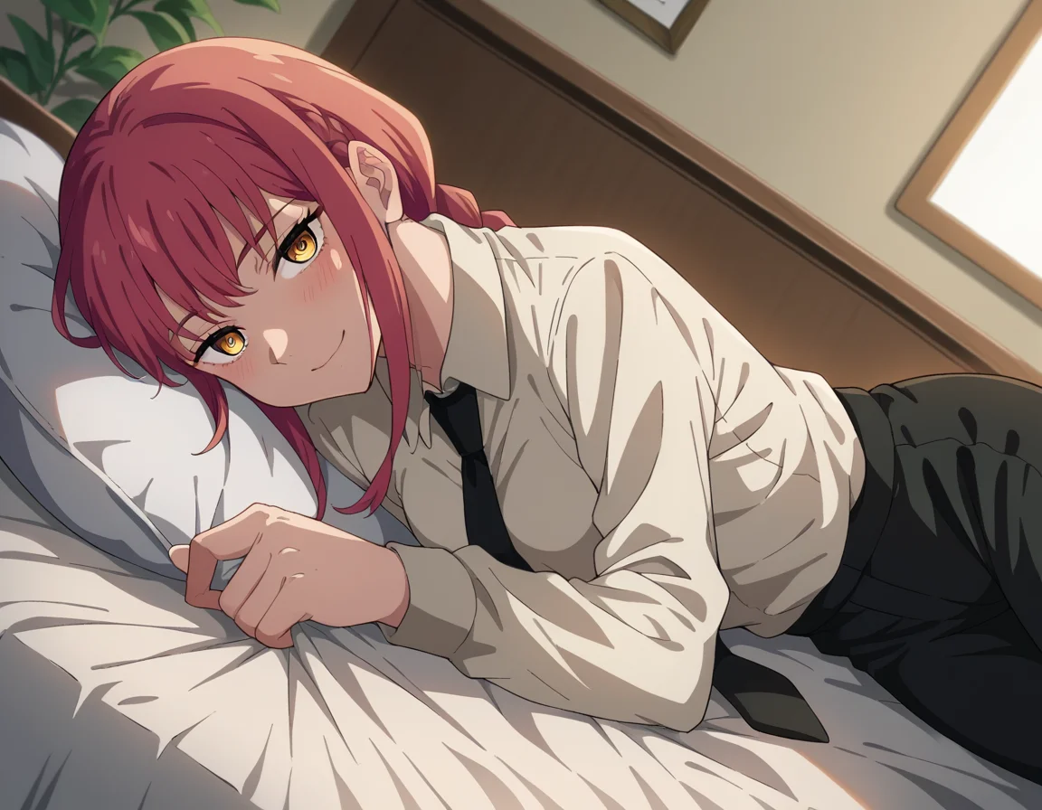 score_9, score_8_up, score_7_up, source_anime,
makima, <lora:chainsaw-man-makima-s1-ponyxl-lora-nochekaiser:1>
makima, long hair, smile, bangs, yellow eyes, braid, red hair, braided ponytail, ringed eyes,
shirt, long sleeves, white shirt, necktie, collared shirt, pants, black pants, formal, suit, black necktie, shirt tucked in, office lady,
indoors, bed, bed room, on side, blush, drunk,
looking at viewer, cowboy shot, dutch angle,