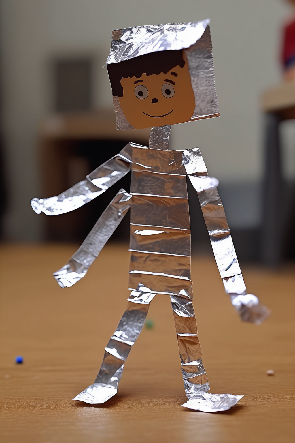 <lora:Stop-Motion Animation:1>Stop-Motion Animation - character with aluminium foil kid style walking for stop motion, add a hand in frame or little sticks linking to character hands