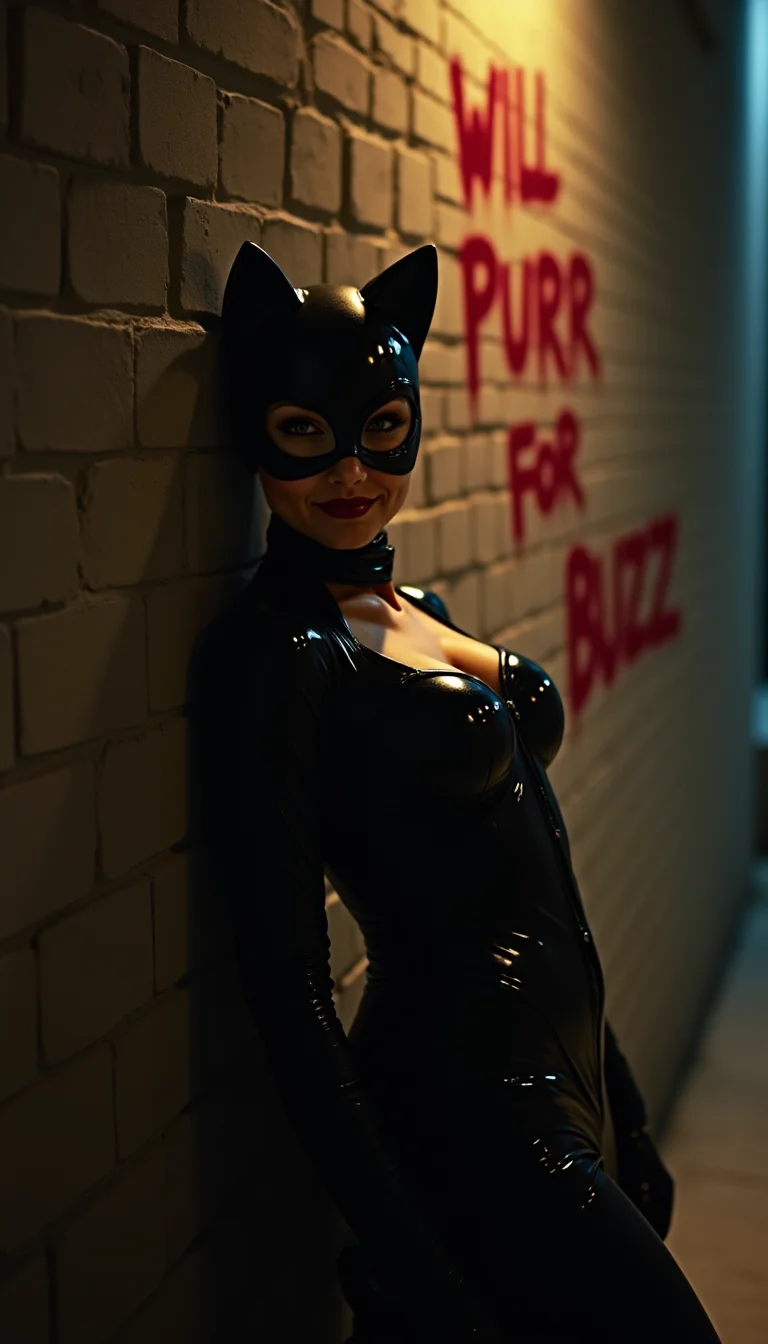 A woman in a Catwoman costume resting her back in a brick wall,in a dim light alley, looking at the camnera with a cheeky smile, on the wall spray painted in red "Will Purr for Buzz".