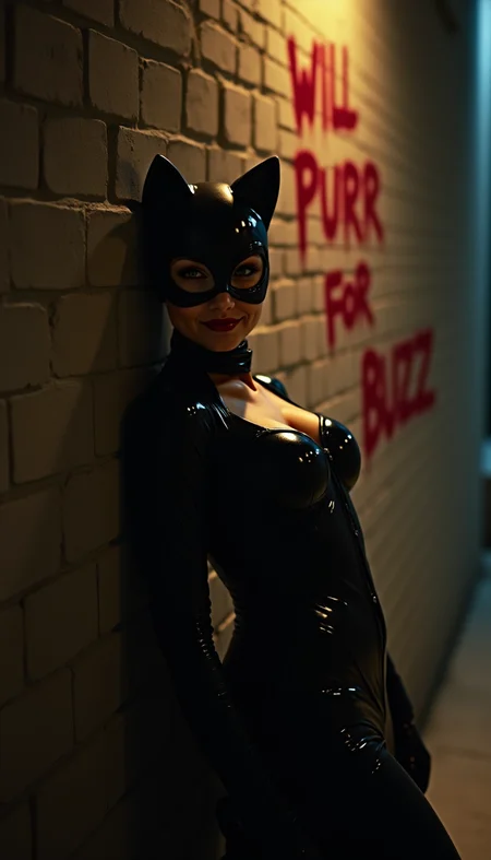 A woman in a Catwoman costume resting her back in a brick wall,in a dim light alley, looking at the camnera with a cheeky smile, on the wall spray painted in red "Will Purr for Buzz".