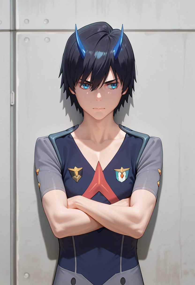 masterpiece, best quality, intricate details, (photorealistic:0.6), , 1boy, solo, male focus, <lora:hiro_franxx_ilxl:0.98>, hiro_franxx, black hair, blue eyes, bangs, blue horns, oni horns, leaning against a wall, arms crossed, serious expression, relaxed pose, overcast light,