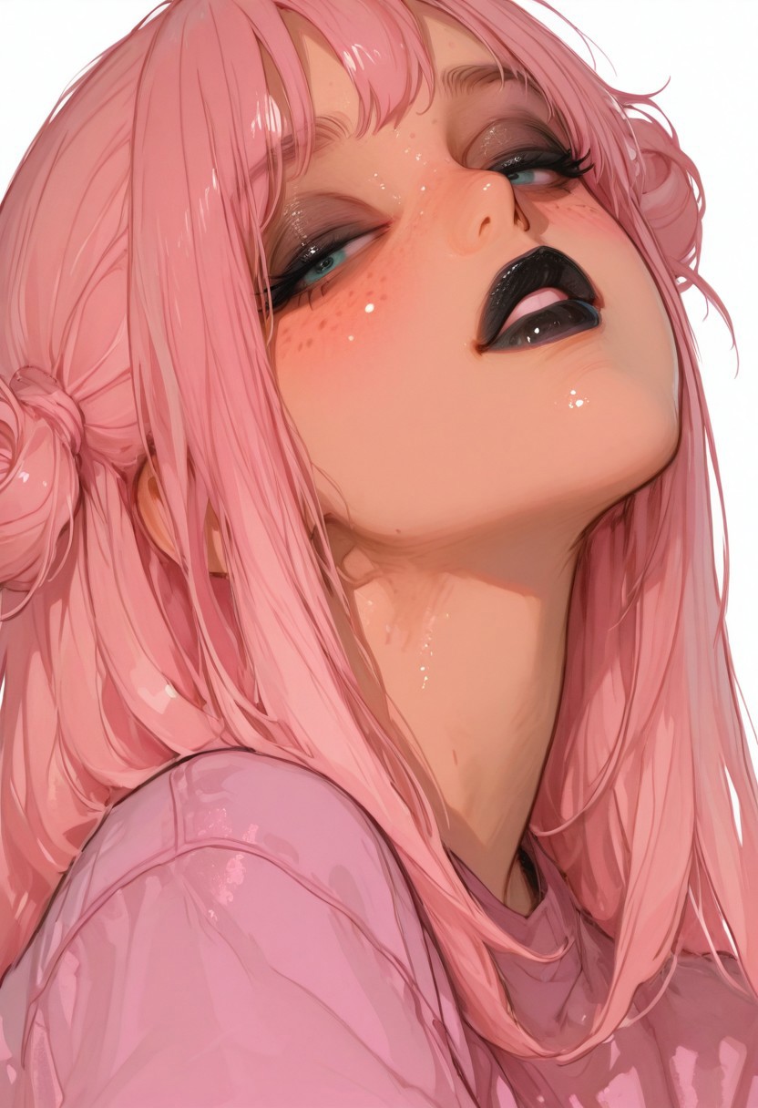 1girl. (Tan skin) Pretty. freckles. Blue/green eyes. long hair. soft pink hair, hair buns. black shiny eyeshadow, black lipstick. blush. 
pink shirt.
looking at viewer. Portrait. seductive expression, half lidded eyes.
White background. empty background.