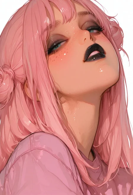1girl. (Tan skin) Pretty. freckles. Blue/green eyes. long hair. soft pink hair, hair buns. black shiny eyeshadow, black lipstick. blush.
pink shirt.
looking at viewer. Portrait. seductive expression, half lidded eyes.
White background. empty background.