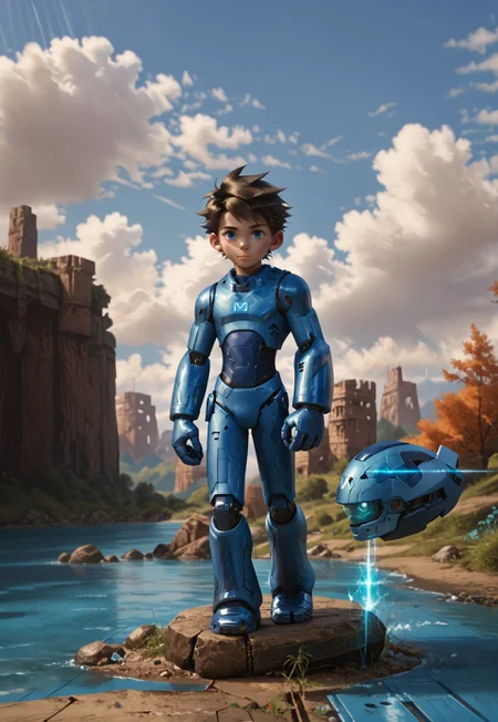 score_9, score_8_up, score_7_up, rating_questionable, intricately detailed, outdoor
<lora:homri52:1>,
<lora:Mega_Man_-_Secret_Level_Style:0.8>, 1boy(young man, twink, brown hair, slender, looking at the viewer,
solo, full body, standing, 4k,
detailed background, depth of field,
young boy, futuristic industrial structure, high-tech blue jumpsuit, segmented armor, helmet, glowing blue accents, right arm cannon, left arm hand, robot, armor, character focus