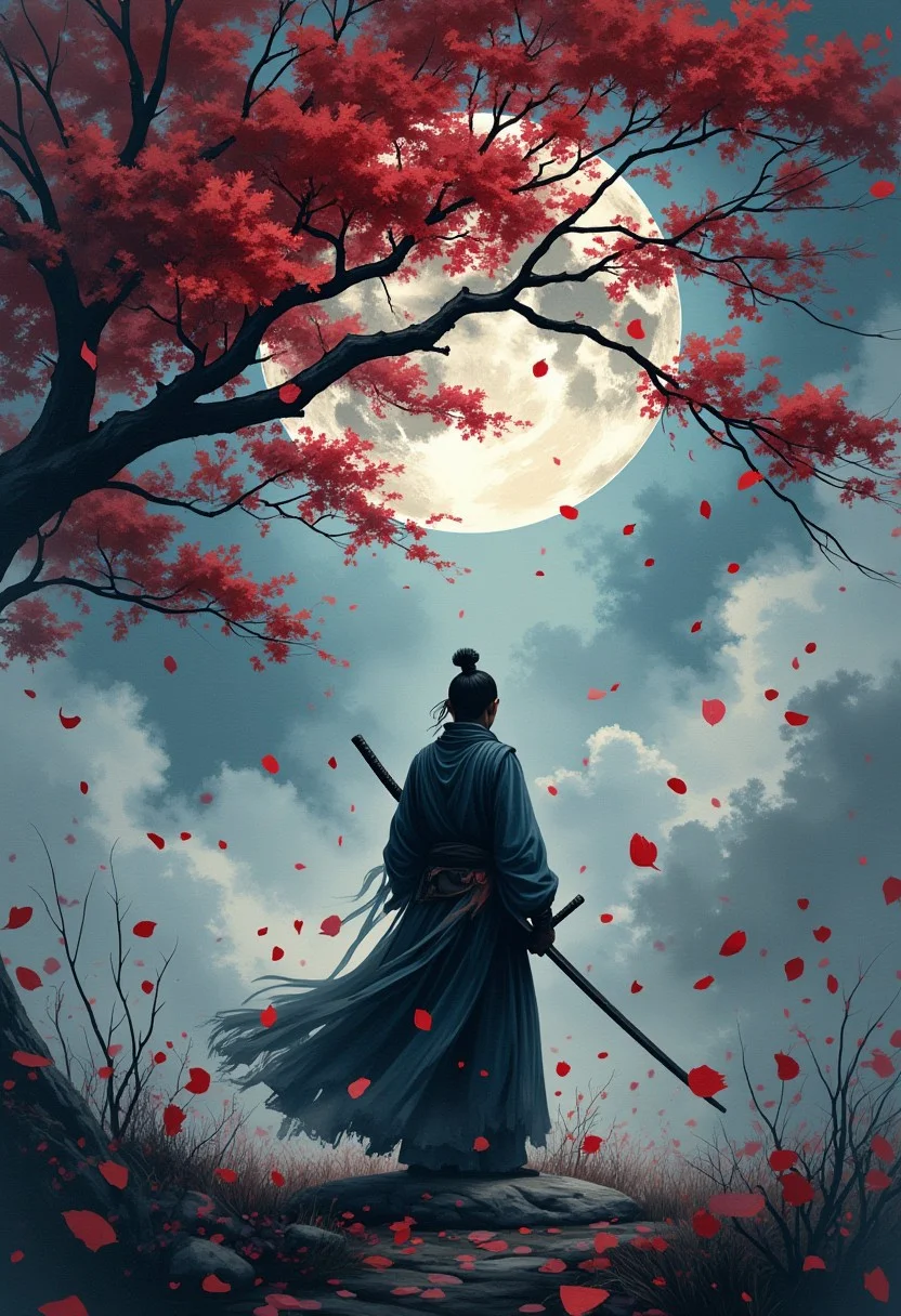 Watercolor style, watercolor, wet on wet, paintstreaks, watercolor painting, \nA A stunning Japanese-inspired fantasy painting of a lone samurai, silhouetted against a massive full moon, standing beneath a windswept, crimson-leafed tree. Falling petals swirl around him, creating a melancholic yet serene atmosphere. The dramatic chiaroscuro lighting highlights the dramatic contrast between the cool-toned background of deep blues and grays and the warm reds of the foliage. The detailed rendering of the samurai's clothing and the tree's branches, along with the textured brushstrokes, windswept effect on the leaves and the samurai's robe, evoke a sense of depth and isolation. This captivating scene is reminiscent of Yoshitaka Amano's work, with the dramatic lighting of Ivan Shishkin. The painting has a cinematic quality, making it perfect