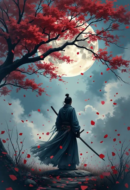 Watercolor style, watercolor, wet on wet, paintstreaks, watercolor painting, \nA A stunning Japanese-inspired fantasy painting of a lone samurai, silhouetted against a massive full moon, standing beneath a windswept, crimson-leafed tree. Falling petals swirl around him, creating a melancholic yet serene atmosphere. The dramatic chiaroscuro lighting highlights the dramatic contrast between the cool-toned background of deep blues and grays and the warm reds of the foliage. The detailed rendering of the samurai's clothing and the tree's branches, along with the textured brushstrokes, windswept effect on the leaves and the samurai's robe, evoke a sense of depth and isolation. This captivating scene is reminiscent of Yoshitaka Amano's work, with the dramatic lighting of Ivan Shishkin. The painting has a cinematic quality, making it perfect