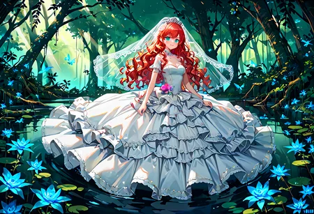 <lora:WD-XLPony_006:0.7>, 
1girl, split-color, long wavy hair, wedding dress, clothing with intricate frills and embroidery, bridal veil, luxurious clothing, 
dark swamp, 
detailed background, incredibly absurdres, colorful, 
HD, hyper detailed, ultra detailed, score_9, score_8_up, score_7_up, source_anime, perfect anatomy, masterpiece, best quality, very aesthetic