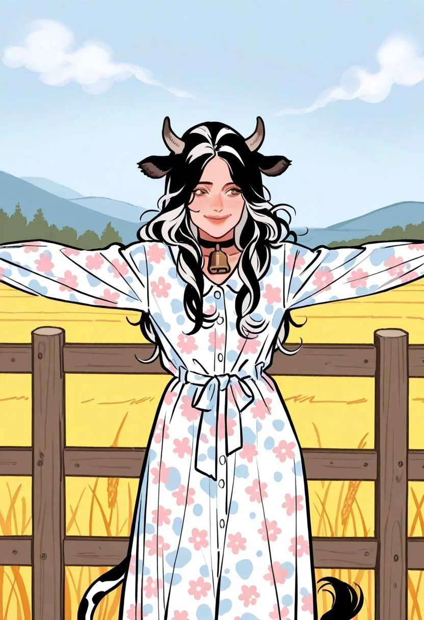 best quality, detailed face, detailed eyes, , solo, 
by kp, wwdenslow
masterpiece, best quality, very aesthetic, best quality, amazing quality, rich colour tones, adult woman, 1woman, white and black hair, white hair, black hair, white streaks, long hair, flowing hair, brown eyes, detailed eyes, cow ears, cow horns, cow tail, cow spots, cute outfit, colourful sundress, floral sundress, colourful outfit, sheer long sleeves, long sleeve sundress, cowbell choker, farm background, sunshower background, sunny and raining background, dynamic pose, leaning against fence pose, smile, happy expression, focus on torso and face