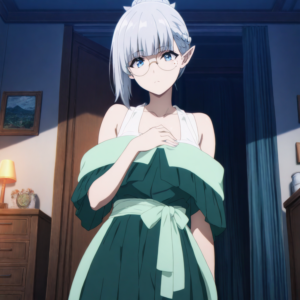 solo,cowboy_shot,looking at viewer,masterpiece,high score,great score,absurdres,anime coloring,<lora:BetaV3 ag4o:1> betakage, pointy ears, grey hair, short hair, blue eyes, mole under eye,hair bun,green dress,green skirt,bare shoulders,round eyewear,indoors,