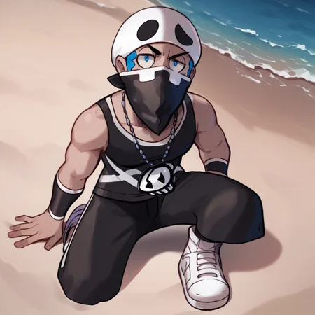 score_9, score_8_up, score_7_up, score_6_up, source_anime, Team_Skull_Grunt_M, Beanie, Mask, Necklace, Black tank top, Black bottomwear, Sneakers, Forearm jewelry, Black socks, Blue Eyes, on knees, beach,