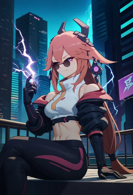 score_9, score_8_up, score_7_up, 1girl, <lora:YaeMikoProgenitor_pdxl_Incrs_v1:1>, yaemiko, pink hair, long hair, purple eyes, hair between eyes, fox ears, medium breasts, earrings, jewelry, headgear, horns, sunglasses, pince-nez,
turtleneck, crop top, bare shoulders, black jacket, cropped jacket, midriff, black gloves, black sleeves, black track pants, tight pants, smirk, sitting, outdoors, electricity, purple electricity, aura, dark aura, cyberpunk, city, cityscape,