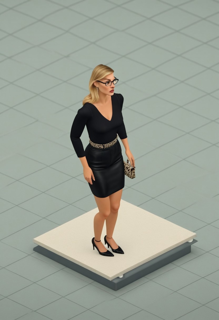 thesims,, isometric,
WallRES
Highly detailed illustration of a blonde millennial woman, wearing glasses and black smart casual wear, pouting with slim lips in a busy airport setting. Realistic rendering, long shot, intricate details on clothing and accessories, by fashion illustrator David Downton or Jason Brooks.