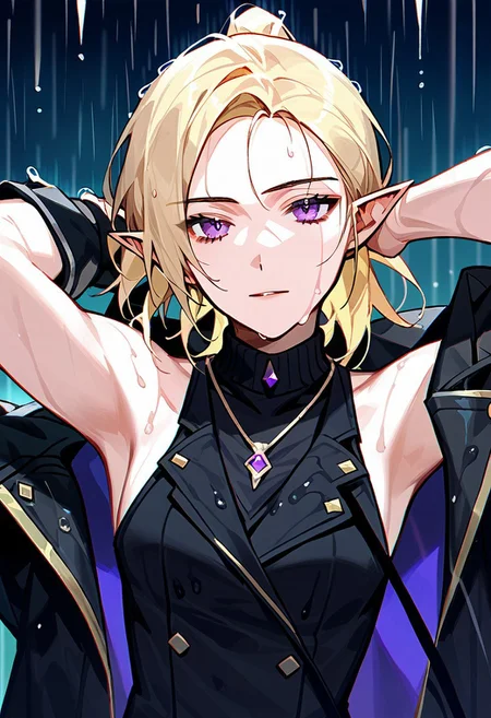 score_9,score_8_up,score_7_up,source_anime, Lucilicca La'elaya,solo,looking at viewer,blonde hair,shirt,1boy,jewelry,purple eyes,jacket,upper body,ponytail,male focus,sleeveless,armpits,necklace,black jacket,wet,rain,jacket removed,