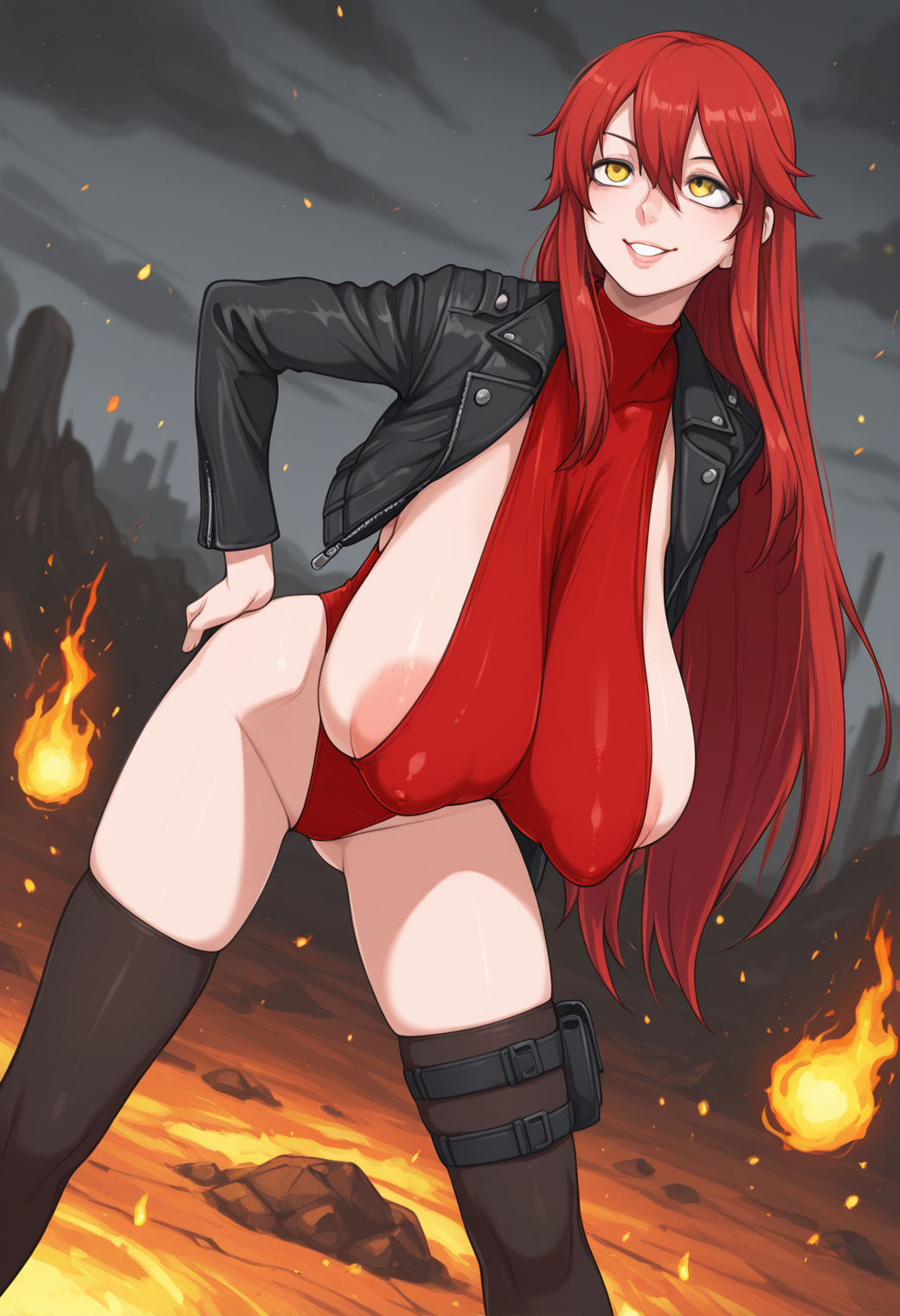 (detailed background:1.1), dynamic pose, standing, (leaning forward:1.2), (cowboy shot:1.2), (dutch angle:1.2), fire magic, red aura, outdoors, fireball, smoke, (scorched earth:1.2), (magma:1.2), (fire:1.2), bacground engulfed in flames, embers, 
BREAK
(1girl), red hair, very long hair, straight hair, yellow eyes, long sidelocks, hair between eyes, bangs, thick lips, grin, floating fireballs, (aged up, mature female:1.3), hand on own hip, 
BREAK
black leather jacket, cropped jacket, open jacket, (red leotard:1.2), belt, thigh strap, black thighhighs, skindentation, thigh pouch, (sideboob:1.1), harness, punk, (bursting breasts:1.1), collared leotard, turtleneck,  
BREAK
(huge breasts:1.3), (sagging breasts:1.3), (skinny, narrow waist:1.2), (large areolae, puffy nipples:1.1), (covered nipples:1.3), (toned:0.8), (hip dips, hip bones, groin, groin tendon:1.1), 
 <lora:J7W_Style_for_Illustrious:1>