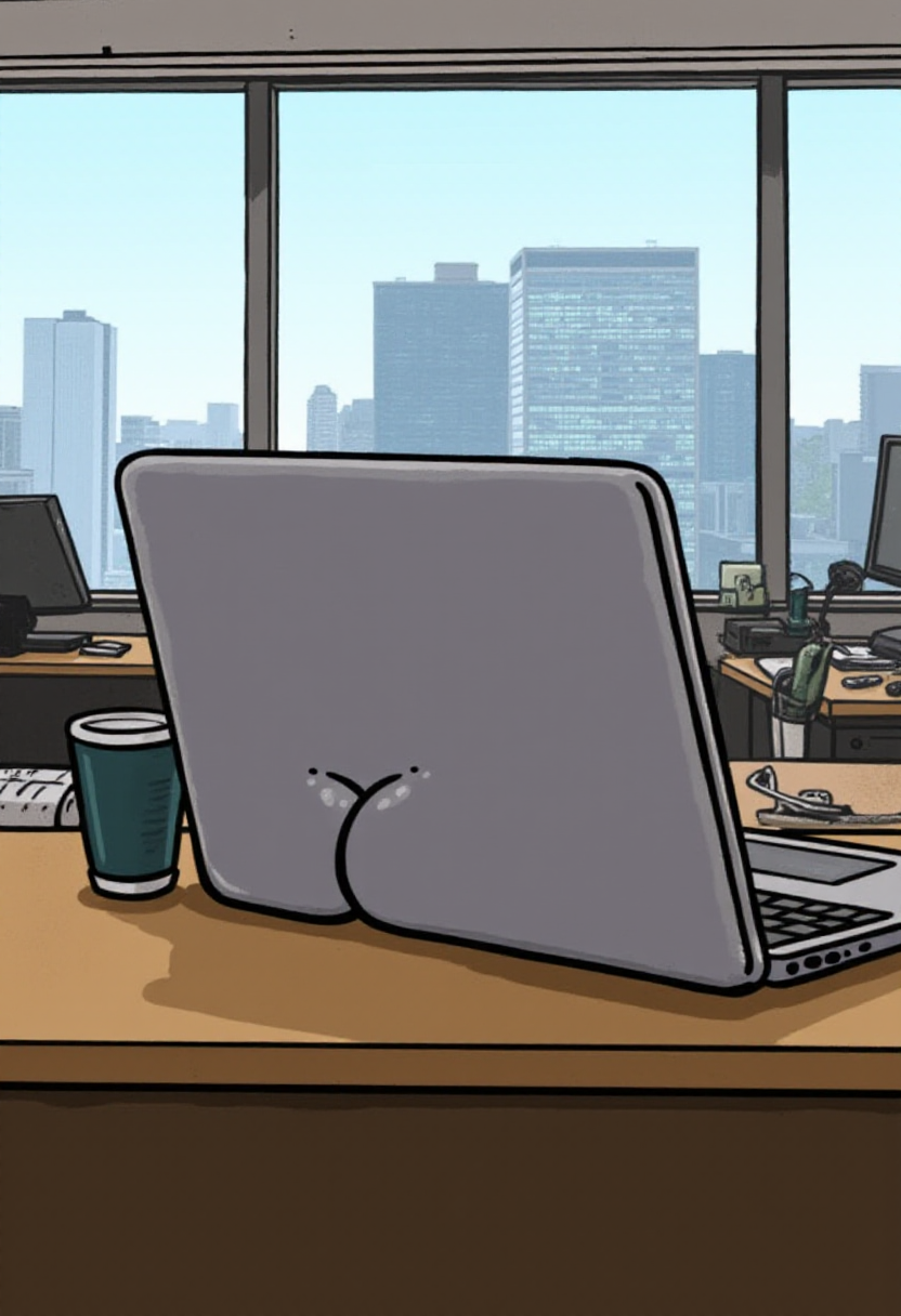 <lora:Butt_Stuff_FLUX-000018:1> 
Cartoon illustration of a computer laptop shaped like a human buttocks, with exaggerated proportions, sitting on an office desk. Office background
