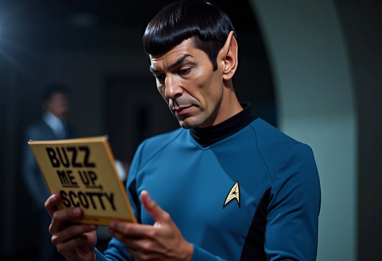 raw lighting, overexposed, harsh flash,,score_9, score_8_up, score_7_up, score_6_up,masterpiece, ultra-realistic 8k, (best quality), highly detail, sharp, detailed,higher resolution textures, 4k graphic resolution, 1male, solo, Spock, star trek, pointed ears, half man, half vulcan, sharply jutting eyebrows, perfect eyes, blue shirt with black trim, star trek emblem on shirt, black hair, pose, holding a tricorder device, looking downwards,Expressiveh ,light rays,lens flare,light particles,beautiful color, detailed, amazing quality, 3/4 perspective,flux-style,logo, holding sign that says "Buzz me up, Scotty."