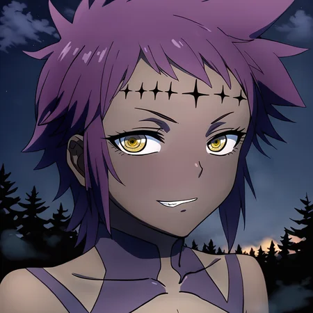 sharp focus, pixiv masterpiece, intricate details, expressionless, source_anime, score_9_up, score_8_up, score_7_up, score_9, looking at viewer,
, highres,, 1girl,solo, remarkable, absurd res, forest, <lora:roadkamelot_PonyXL_0.3:1>, hwnoahroad, brown skin, purple_markings, amber_eyes, forehead_crosses, looking at viewer, night, headshot, close-up, evil grin, from side, mist, dark pine trees, fog